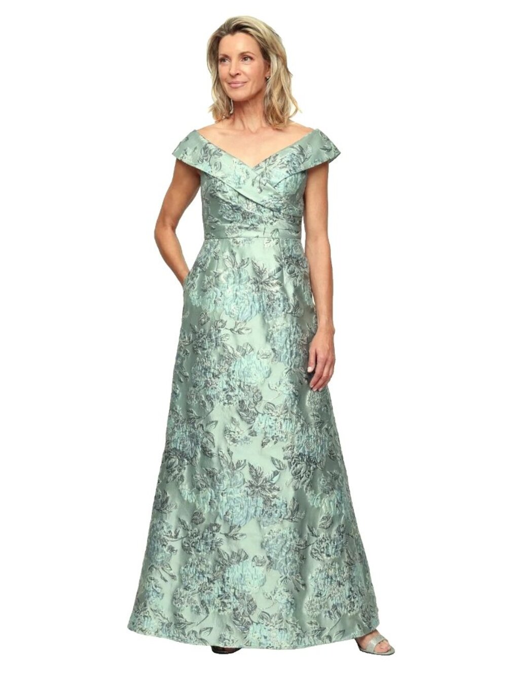 Alex Evenings Ice Sage Metallic Off The Shoulder Jacquard Gown